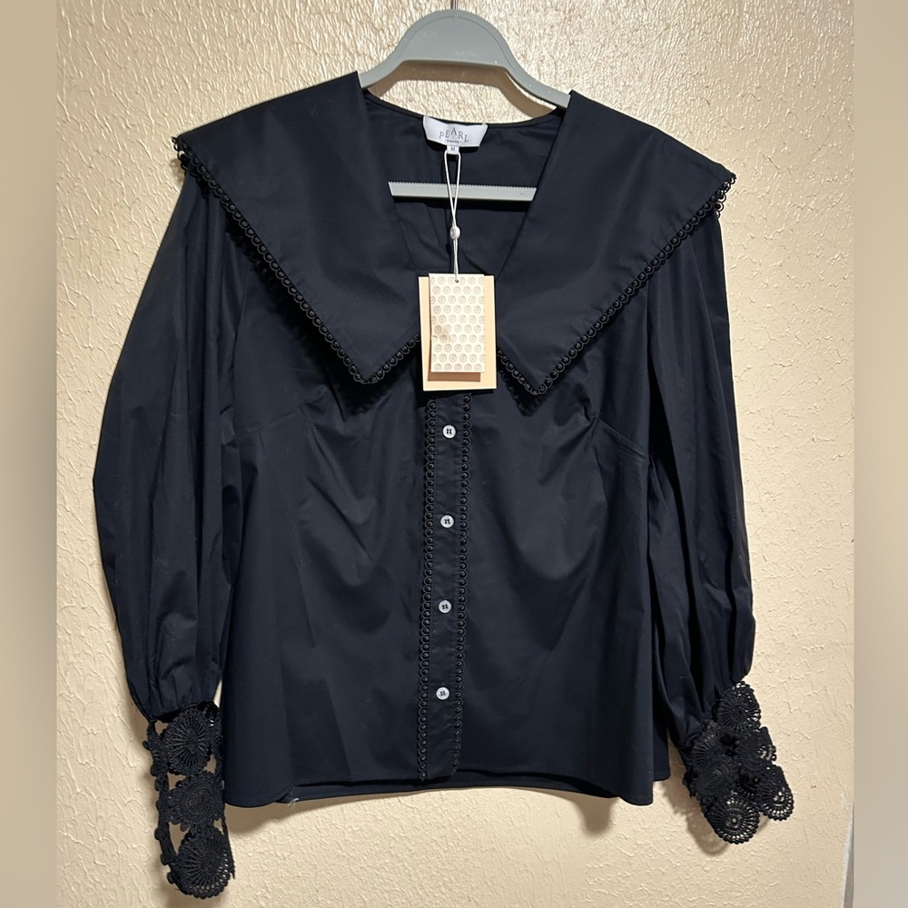 Pearl by Lela Rose Cotton Poplin Oversized Collar Top Size Medium Black